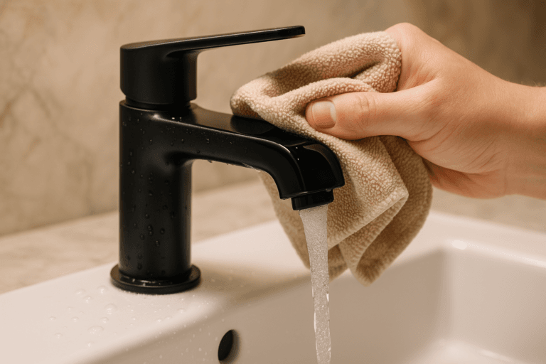 Cómo limpiar grifería negra mate en lavabo moderno con paño de microfibra
